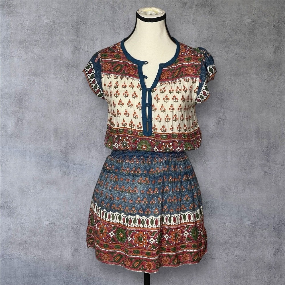 Faherty Bemini Floral‎ Mini Dress Womens XS Multi Kapu Beach Hand Painted  Boho
